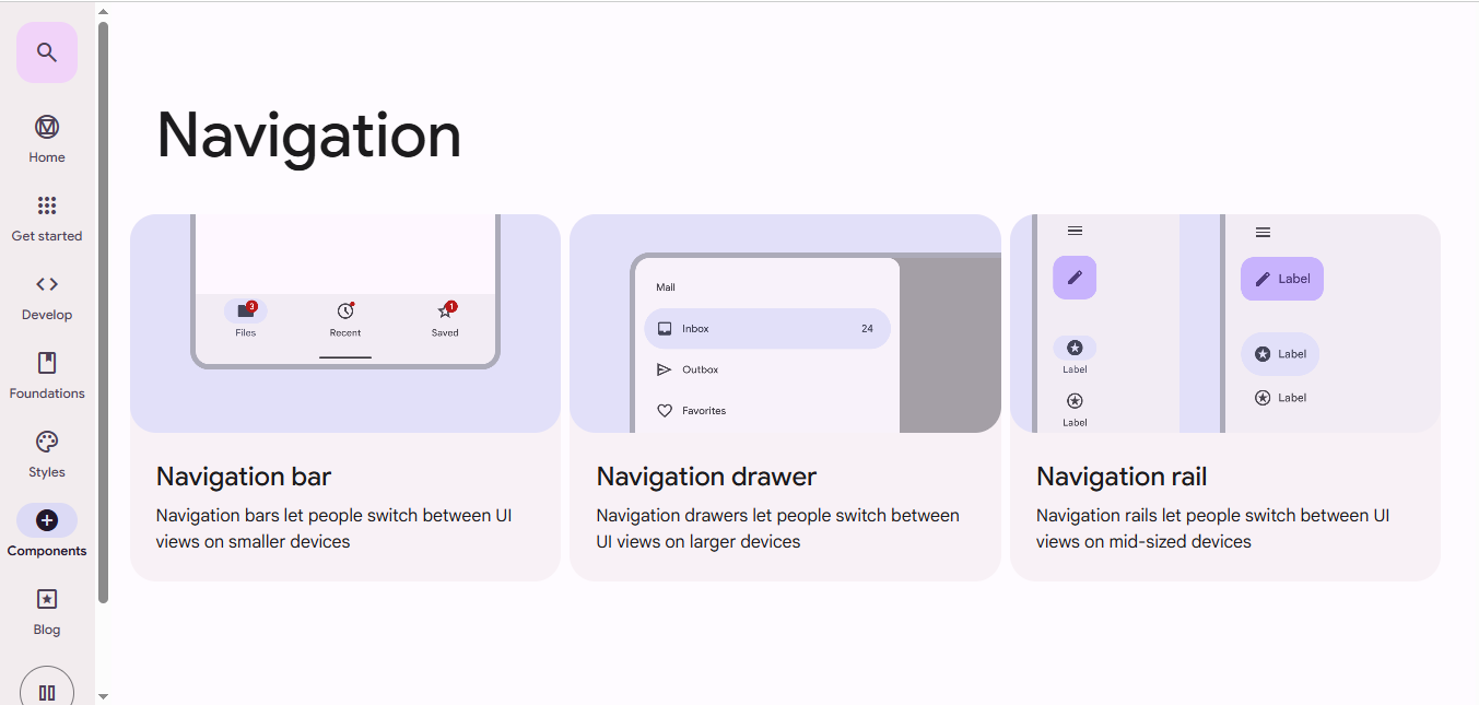 A screenshot showing Navigation bar, drawer, and rail from Material Design.